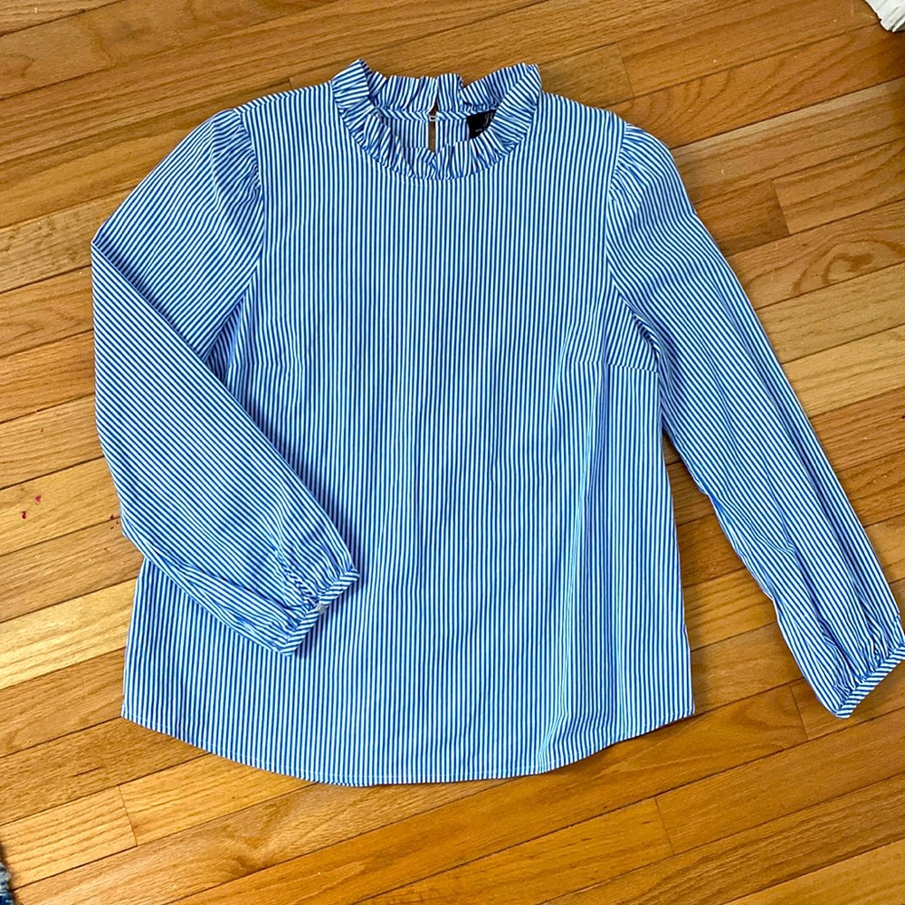 J. Crew Ruffle Neck Blue and White Striped Top